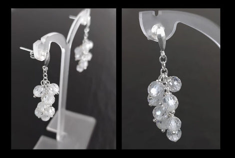 crystal earrings, sterling silver, dangle bunch stones earrings, white clear color bead, Pending teardrop modern drop cluster chain jewelry