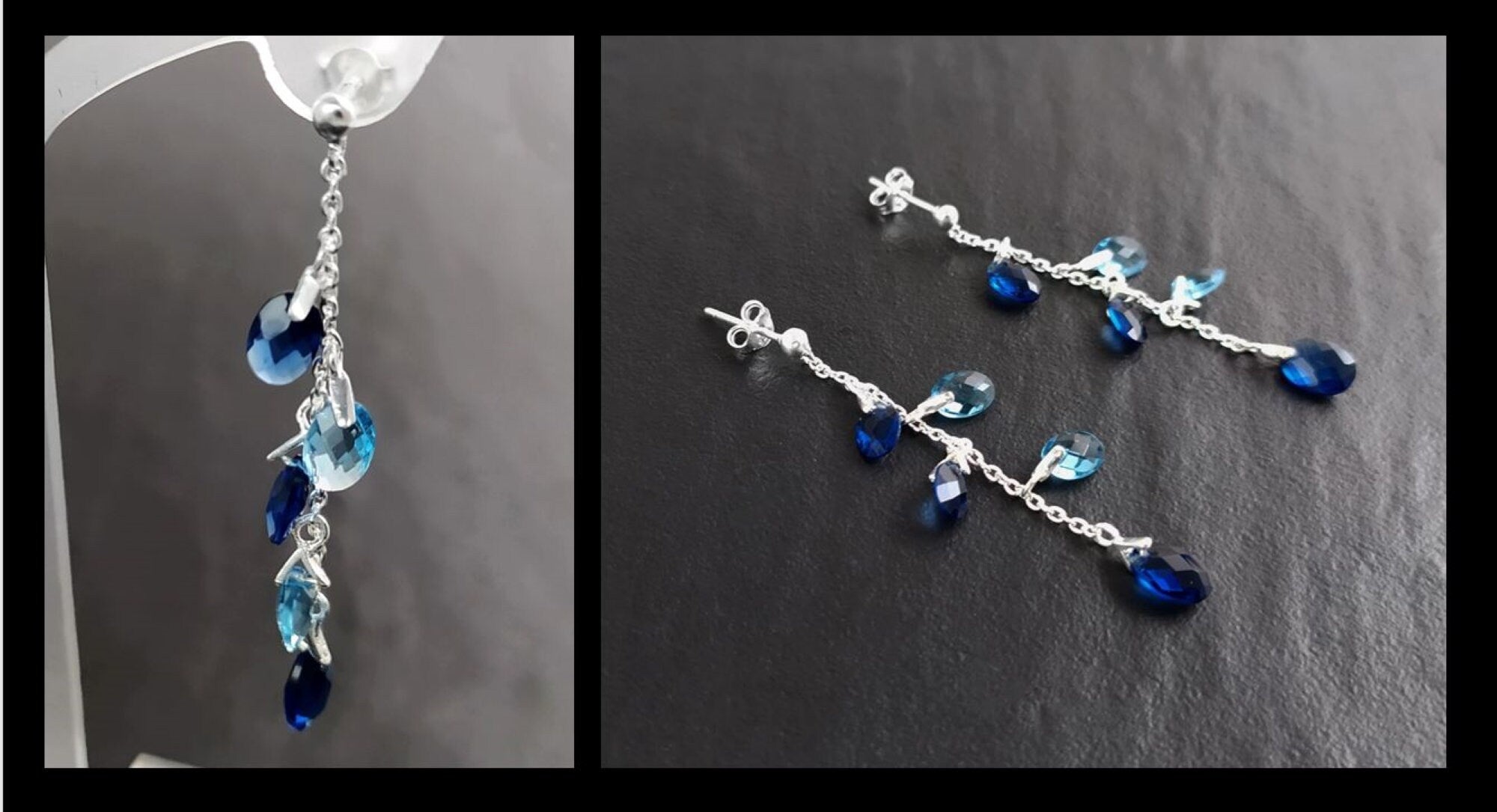 Blue Stone earrings, sterling silver, teardrop blue berry grape stones bunch earrings, dark blueberries color, modern chain jewelry