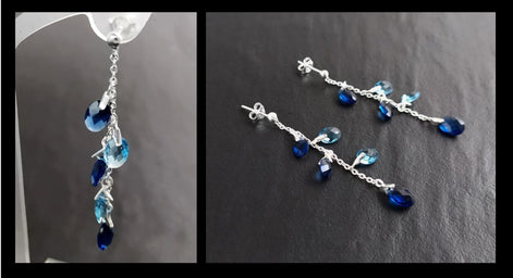 Blue Stone earrings, sterling silver, teardrop blue berry grape stones bunch earrings, dark blueberries color, modern chain jewelry