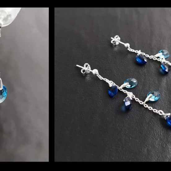 Blue Stone earrings, sterling silver, teardrop blue berry grape stones bunch earrings, dark blueberries color, modern chain jewelry