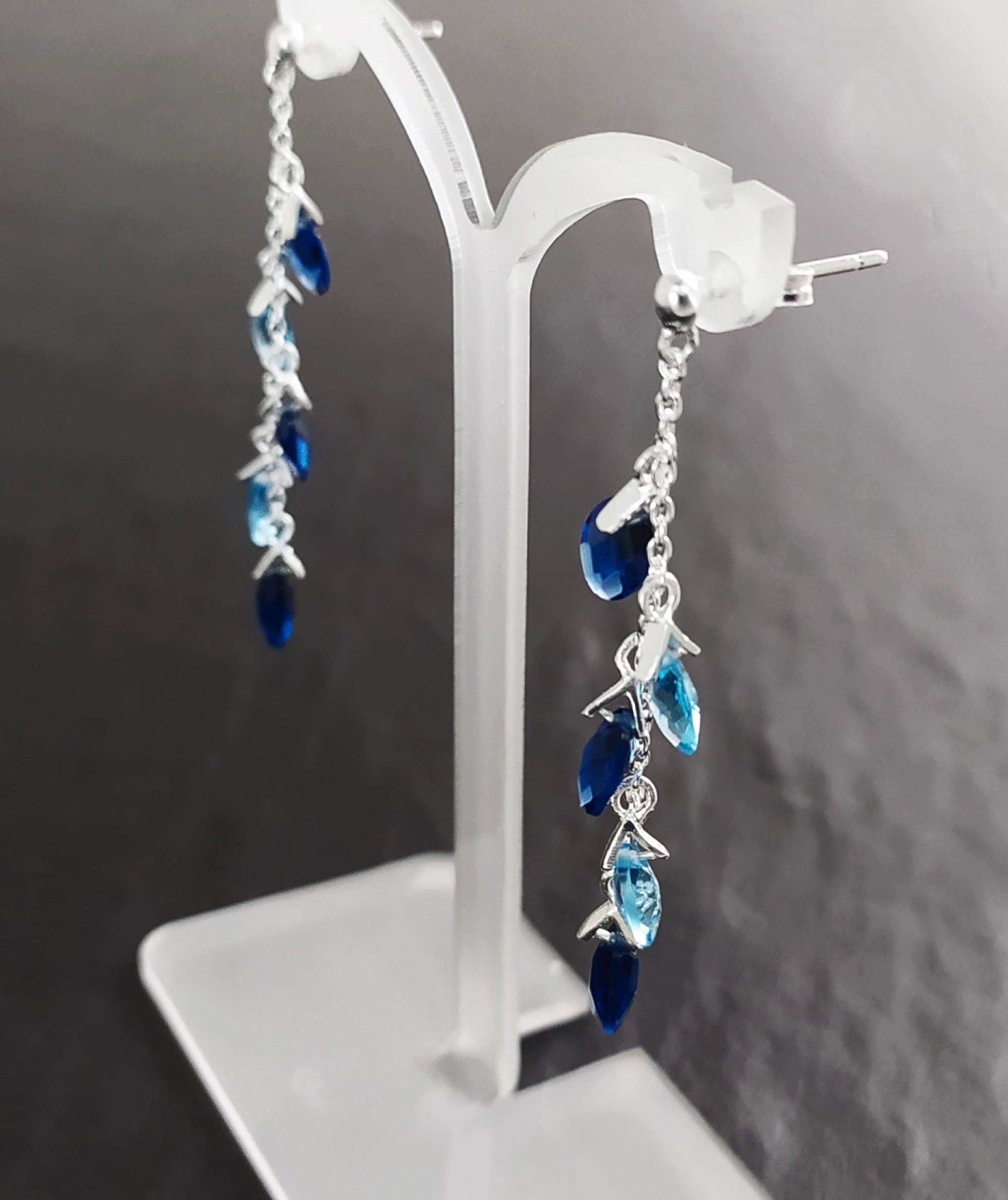 Blue Stone earrings, sterling silver, teardrop blue berry grape stones bunch earrings, dark blueberries color, modern chain jewelry