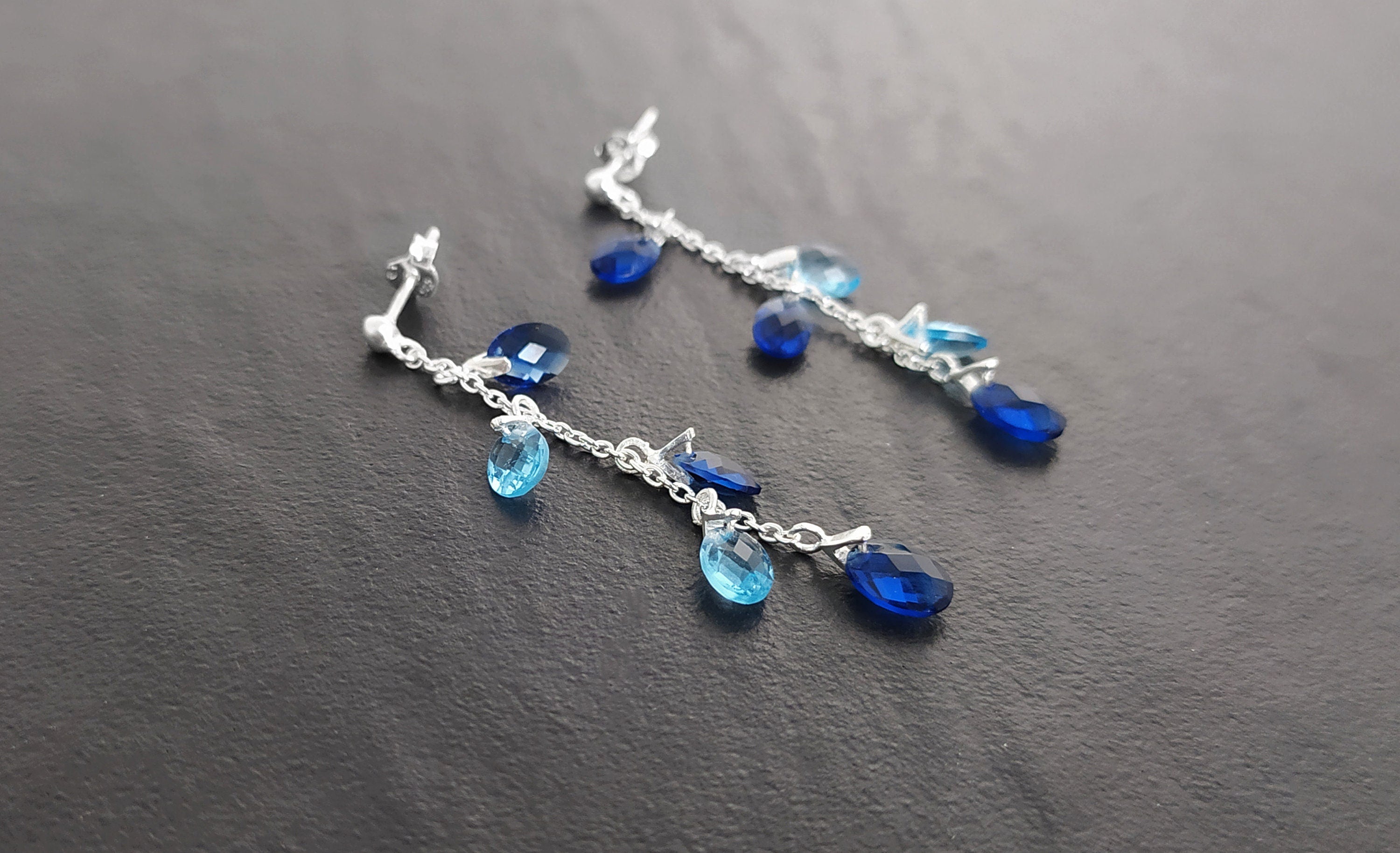 Blue Stone earrings, sterling silver, teardrop blue berry grape stones bunch earrings, dark blueberries color, modern chain jewelry