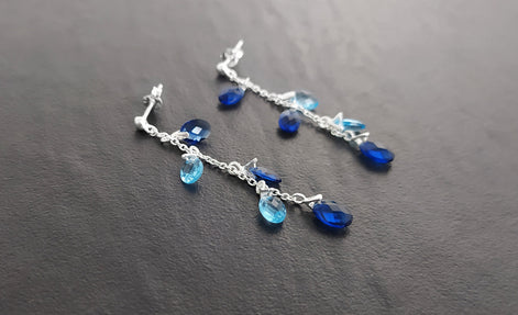 Blue Stone earrings, sterling silver, teardrop blue berry grape stones bunch earrings, dark blueberries color, modern chain jewelry