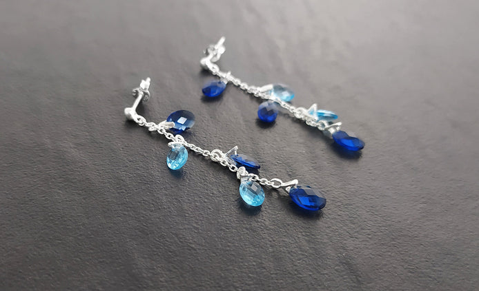 Blue Stone earrings, sterling silver, teardrop blue berry grape stones bunch earrings, dark blueberries color, modern chain jewelry