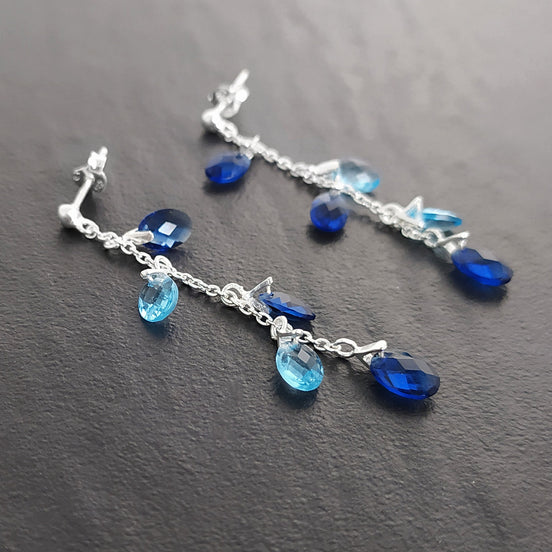 Blue Stone earrings, sterling silver, teardrop blue berry grape stones bunch earrings, dark blueberries color, modern chain jewelry