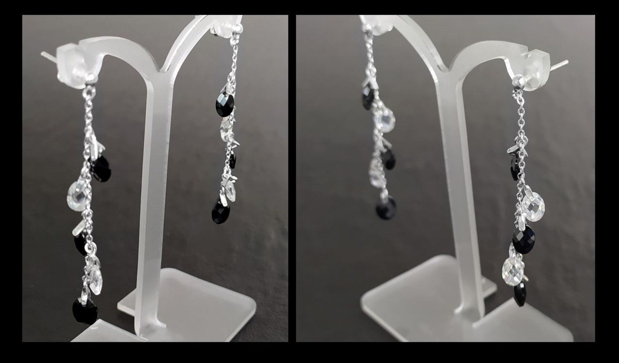 Black earrings, sterling silver, teardrop blackberry grape cz stones bunch earrings, dark blackberries crystal color, modern drop jewelry