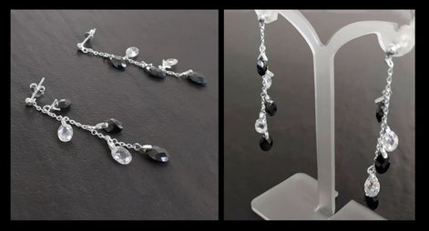 Black earrings, sterling silver, teardrop blackberry grape cz stones bunch earrings, dark blackberries crystal color, modern drop jewelry