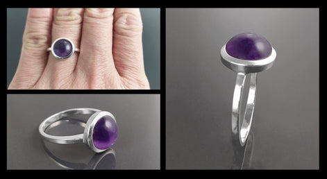 Round Amethyst Ring, Sterling Silver, Purple Stone Ring, Natural Purple Amethyst Gemstone Birthstone Jewelry, Modern Minimalist Style Gift