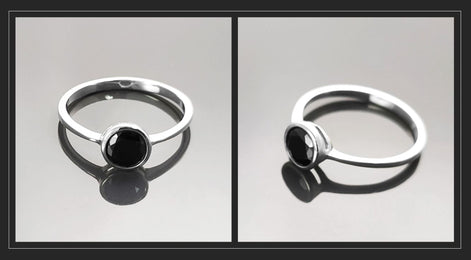 Black Solitaire Ring, Sterling Silver, Comfortable Low Closed Setting Single Black Cz Round Stone , Minimalist Promise Solitaire Jewelry
