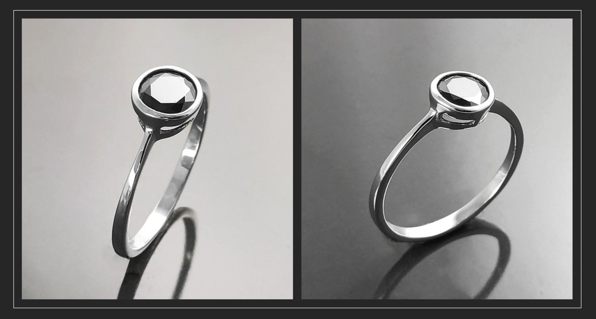Black Solitaire Ring, Sterling Silver, Comfortable Low Closed Setting Single Black Cz Round Stone , Minimalist Promise Solitaire Jewelry