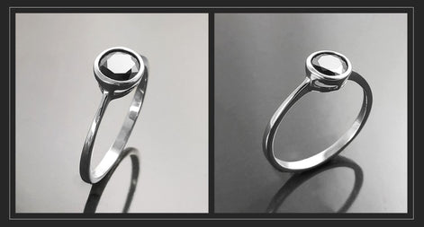 Black Solitaire Ring, Sterling Silver, Comfortable Low Closed Setting Single Black Cz Round Stone , Minimalist Promise Solitaire Jewelry