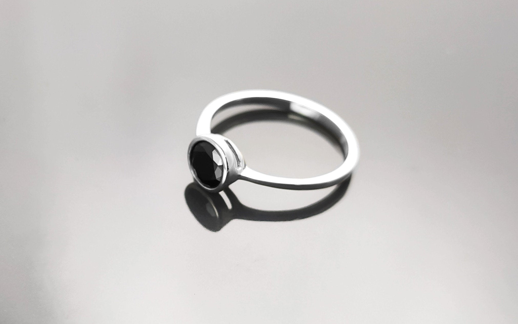 Black Solitaire Ring, Sterling Silver, Comfortable Low Closed Setting Single Black Cz Round Stone , Minimalist Promise Solitaire Jewelry