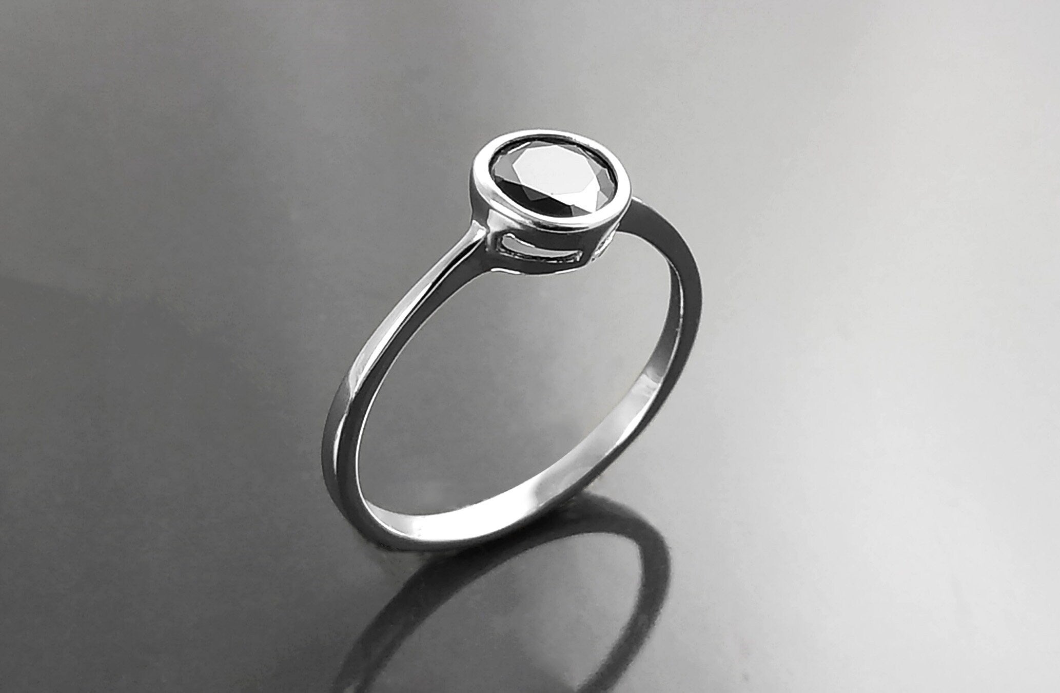 Black Solitaire Ring, Sterling Silver, Comfortable Low Closed Setting Single Black Cz Round Stone , Minimalist Promise Solitaire Jewelry