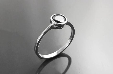 Black Solitaire Ring, Sterling Silver, Comfortable Low Closed Setting Single Black Cz Round Stone , Minimalist Promise Solitaire Jewelry