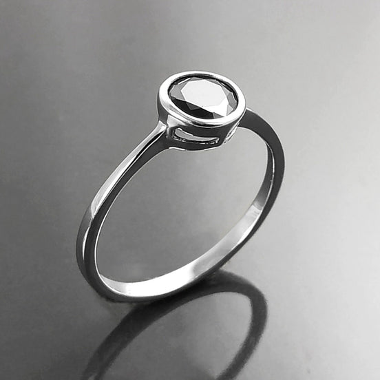 Black Solitaire Ring, Sterling Silver, Comfortable Low Closed Setting Single Black Cz Round Stone , Minimalist Promise Solitaire Jewelry