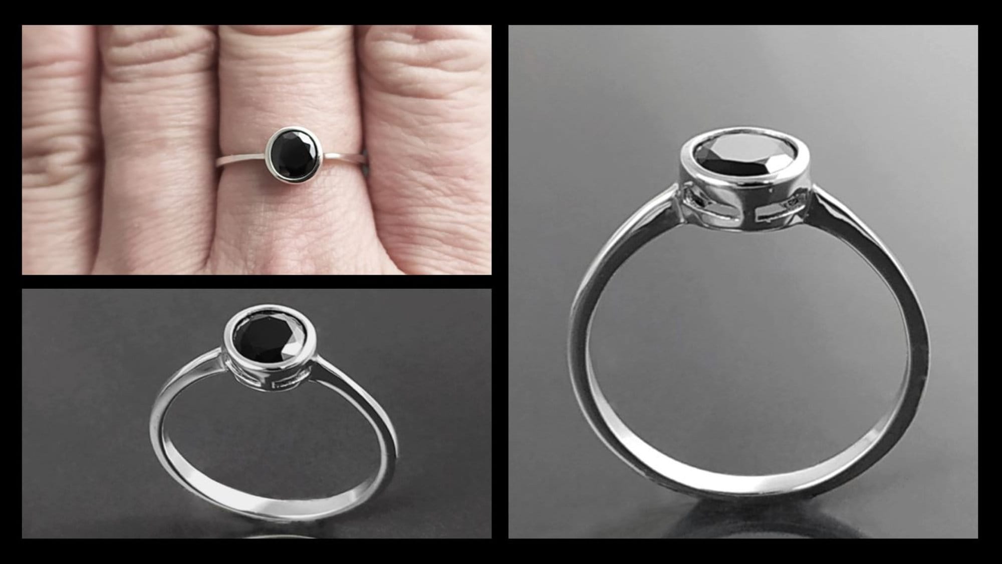 Black Solitaire Ring, Sterling Silver, Comfortable Low Closed Setting Single Black Cz Round Stone , Minimalist Promise Solitaire Jewelry
