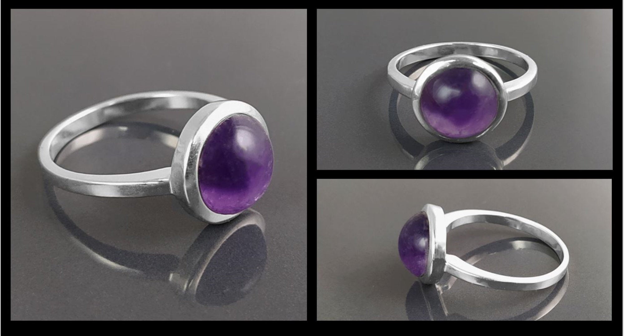 Round Amethyst Ring, Sterling Silver, Purple Stone Ring, Natural Purple Amethyst Gemstone Birthstone Jewelry, Modern Minimalist Style Gift