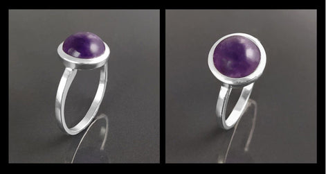 Round Amethyst Ring, Sterling Silver, Purple Stone Ring, Natural Purple Amethyst Gemstone Birthstone Jewelry, Modern Minimalist Style Gift
