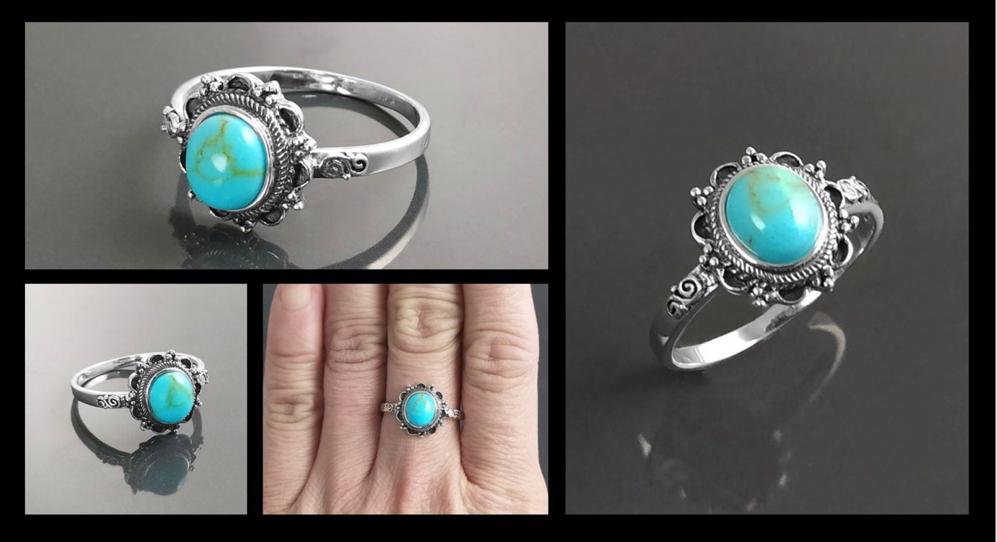 Turquoise Ring, Sterling Silver, Boho Ring, Blue Turquoise Stone Ring, Small Midi Oval Ring, Dainty Jewelry, Victorian Antique Ring