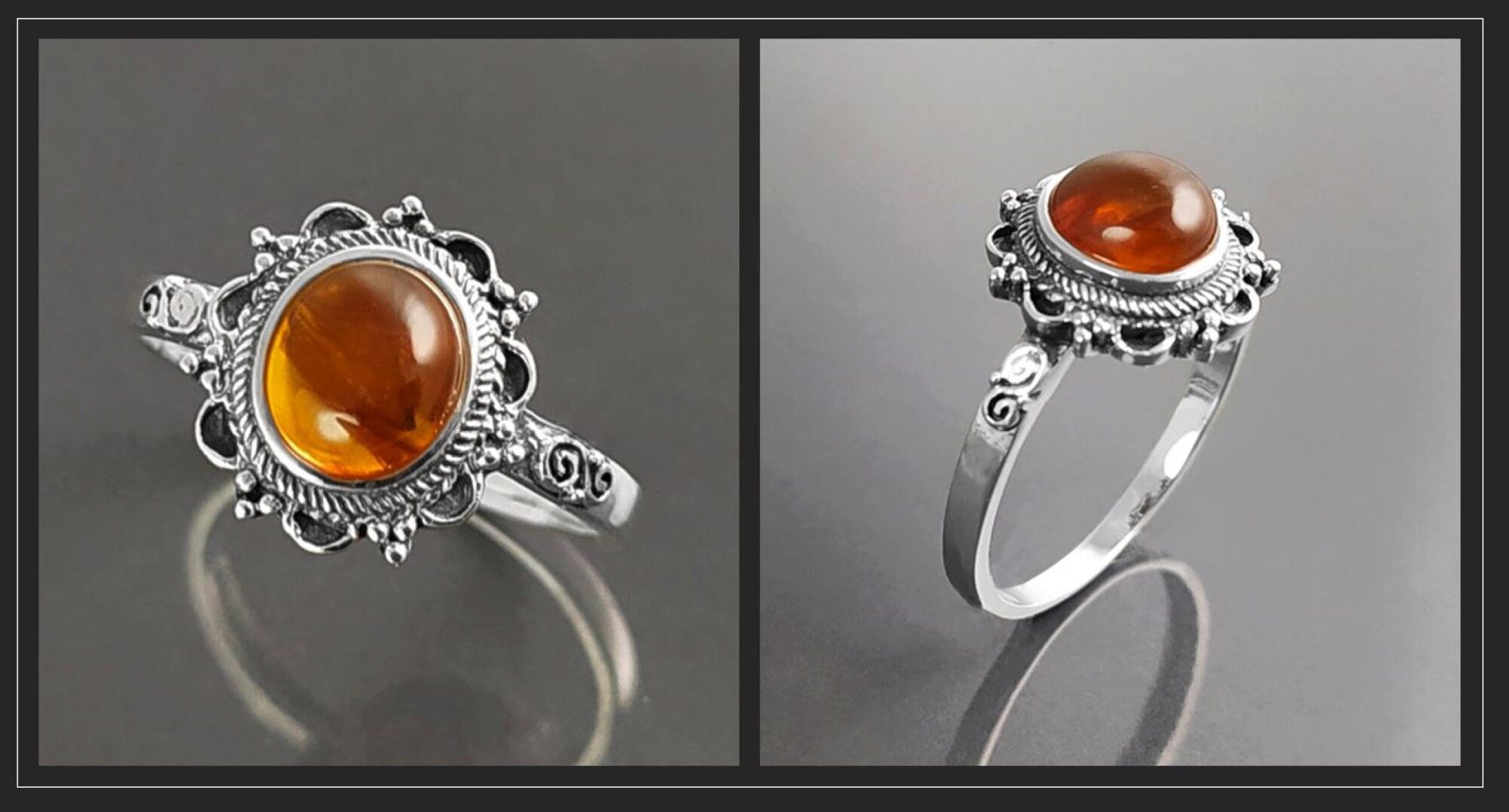 Genuine Amber Ring Solid 925 Silver Victorian Style Jewelry