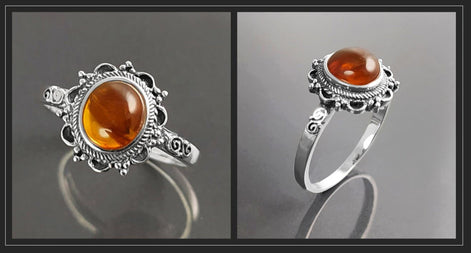 Genuine Amber Ring Solid 925 Silver Victorian Style Jewelry