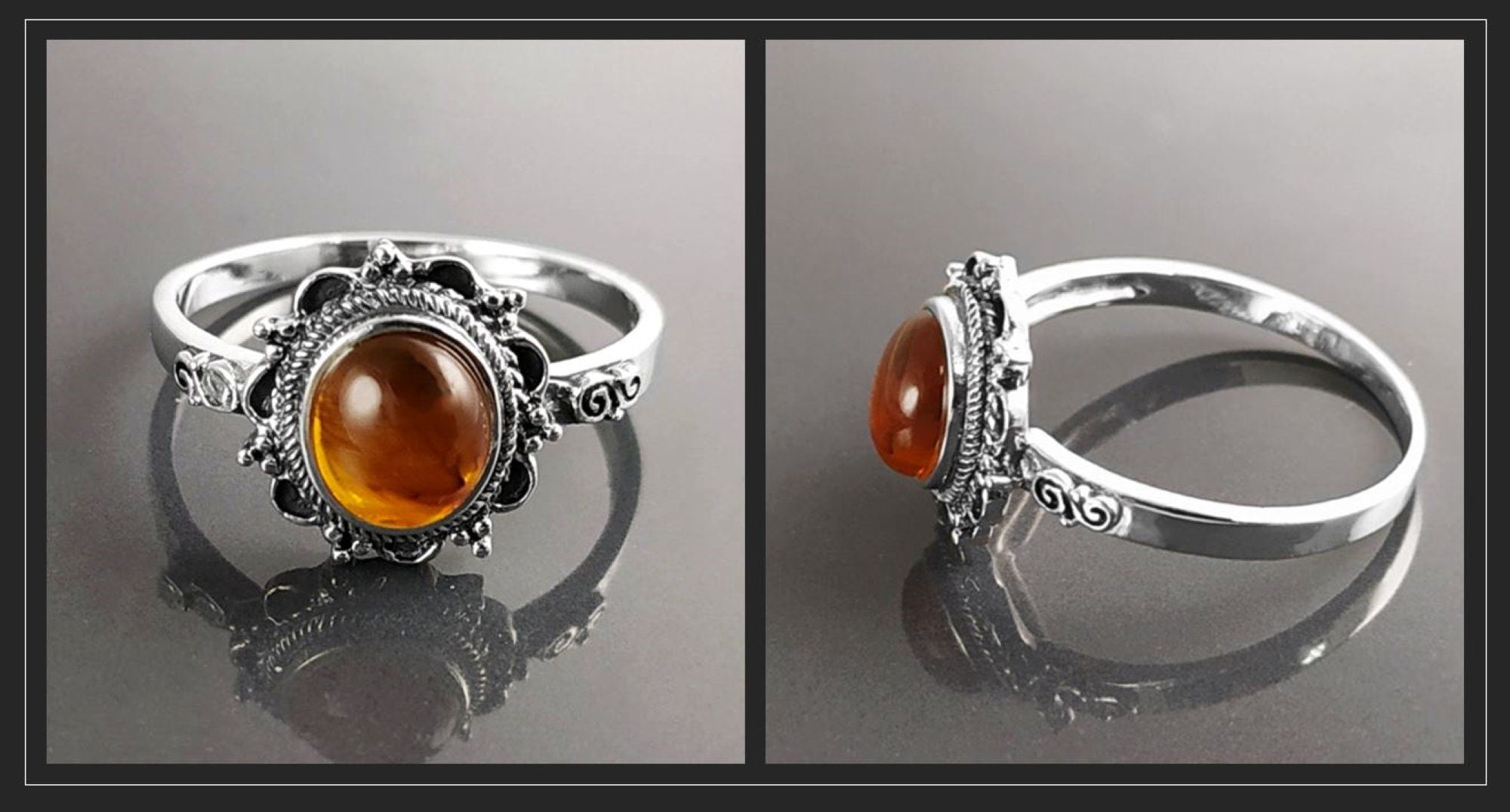 Genuine Amber Ring Solid 925 Silver Victorian Jewelry