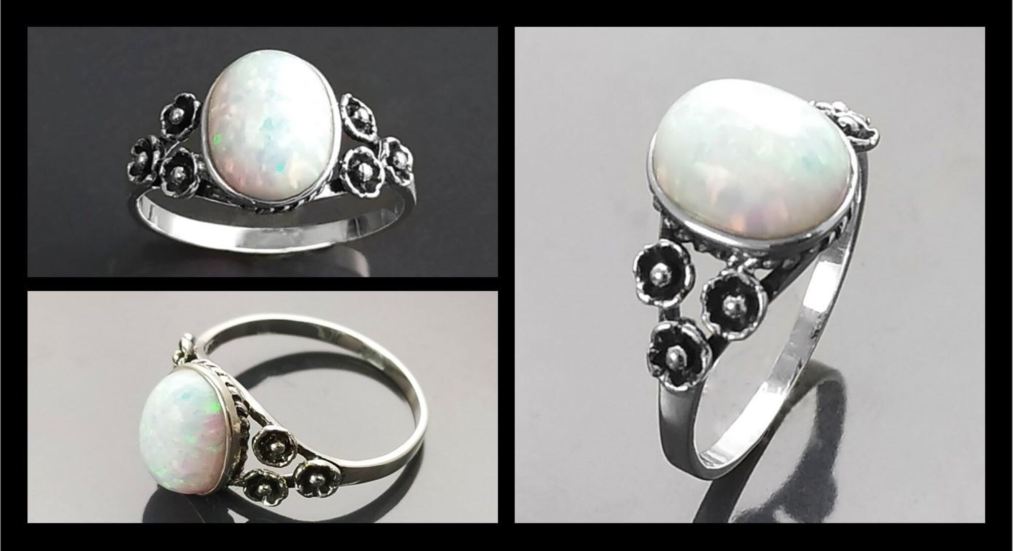 Sterling Silver Opal Ring, Flower Design Jewelry