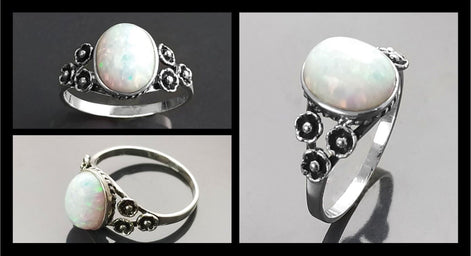 Sterling Silver Opal Ring, Flower Design Jewelry