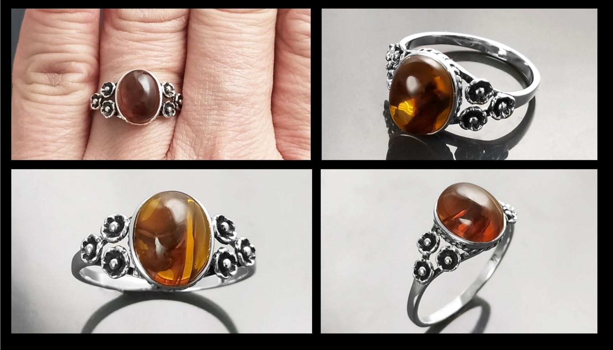 925 Sterling Silver Amber Ring, Vintage Style Amber Ring, Handmade Oval Gemstone Jewelry, Boho Studded Pattern