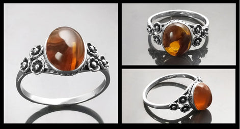 925 Sterling Silver Amber Ring, Vintage Style Amber Ring, Handmade Oval Gemstone Jewelry, Boho Studded Pattern