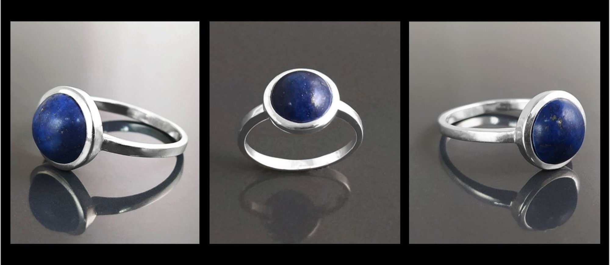925 Lapis Ring Sterling Silver, Round Blue Stone Ring, Genuine Blue Lapis Lazuli Gemstone Birthstone Jewelry, Modern Minimalist Style Gift