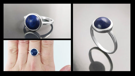 925 Lapis Ring Sterling Silver, Round Blue Stone Ring, Genuine Blue Lapis Lazuli Gemstone Birthstone Jewelry, Modern Minimalist Style Gift