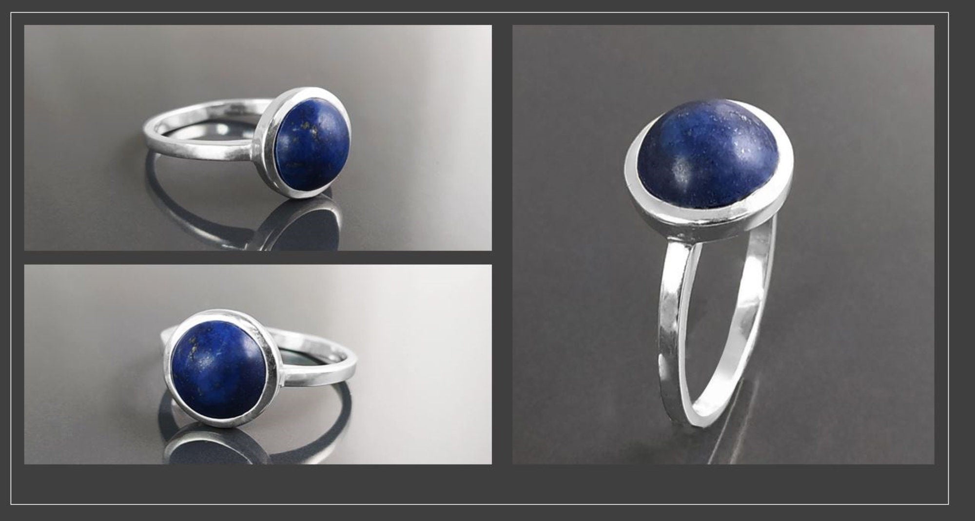 925 Lapis Ring Sterling Silver, Round Blue Stone Ring, Genuine Blue Lapis Lazuli Gemstone Birthstone Jewelry, Modern Minimalist Style Gift