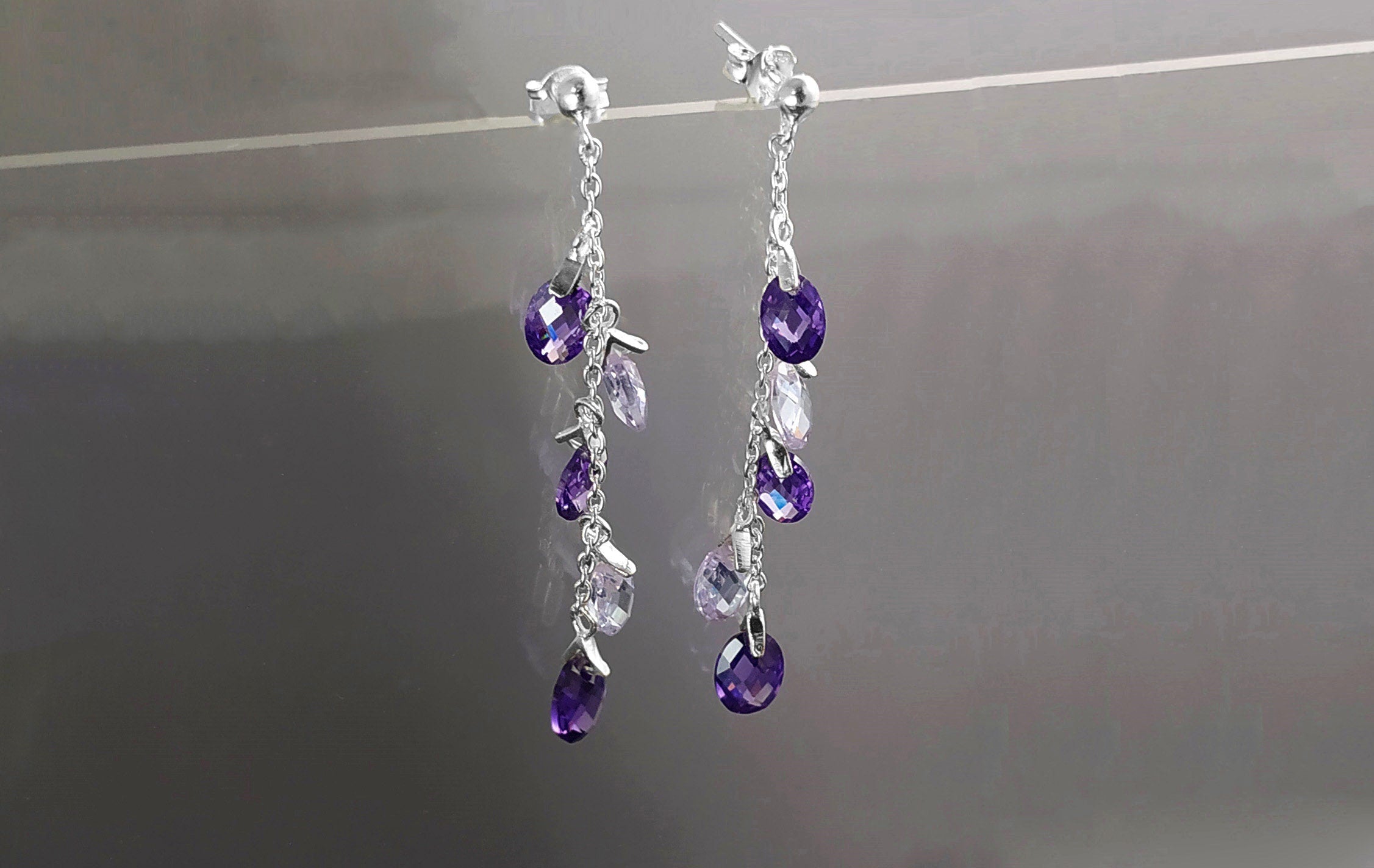 Purple earrings, sterling silver, teardrop purple crystal, berry grape stones bunch earrings, dark violet stone color, modern chain jewelry