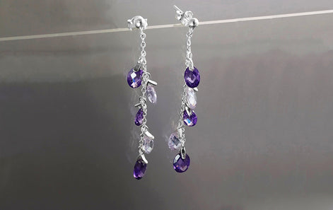 Purple earrings, sterling silver, teardrop purple crystal, berry grape stones bunch earrings, dark violet stone color, modern chain jewelry