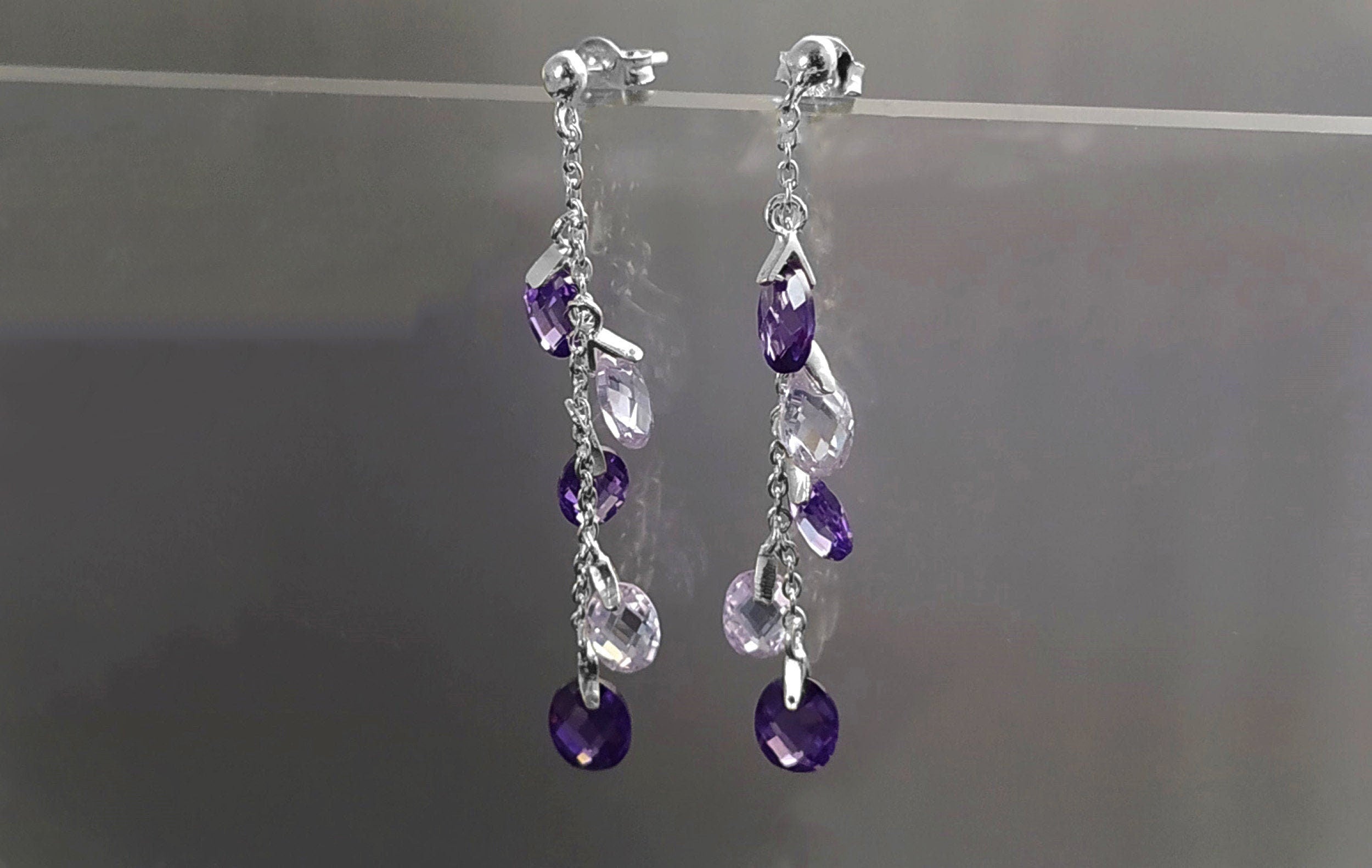 Purple earrings, sterling silver, teardrop purple crystal, berry grape stones bunch earrings, dark violet stone color, modern chain jewelry