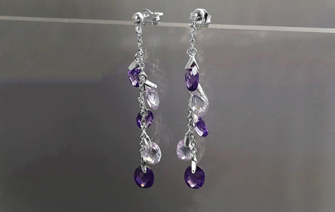Purple earrings, sterling silver, teardrop purple crystal, berry grape stones bunch earrings, dark violet stone color, modern chain jewelry