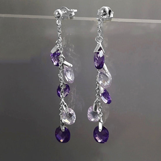 Purple earrings, sterling silver, teardrop purple crystal, berry grape stones bunch earrings, dark violet stone color, modern chain jewelry