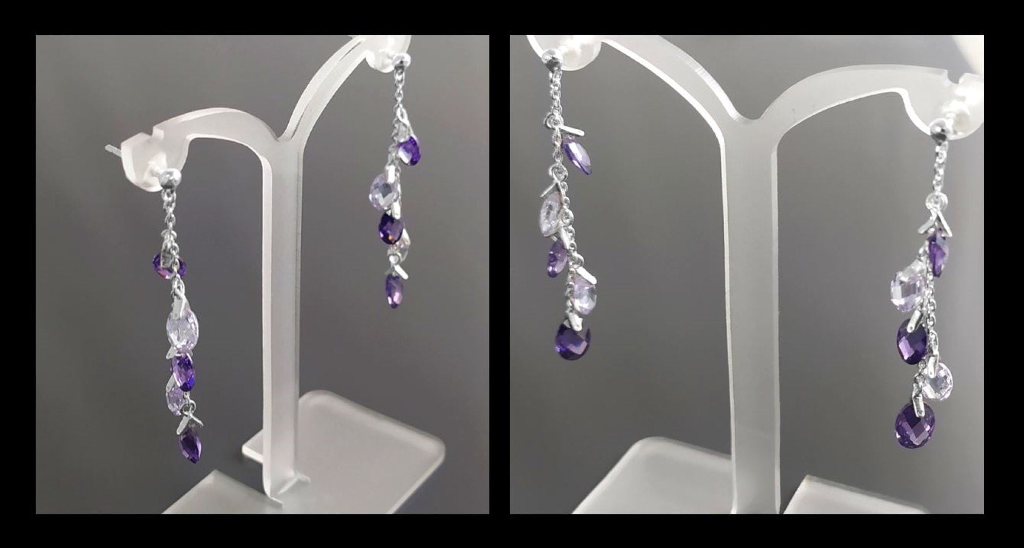 Purple earrings, sterling silver, teardrop purple crystal, berry grape stones bunch earrings, dark violet stone color, modern chain jewelry