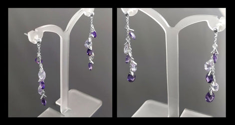 Purple earrings, sterling silver, teardrop purple crystal, berry grape stones bunch earrings, dark violet stone color, modern chain jewelry