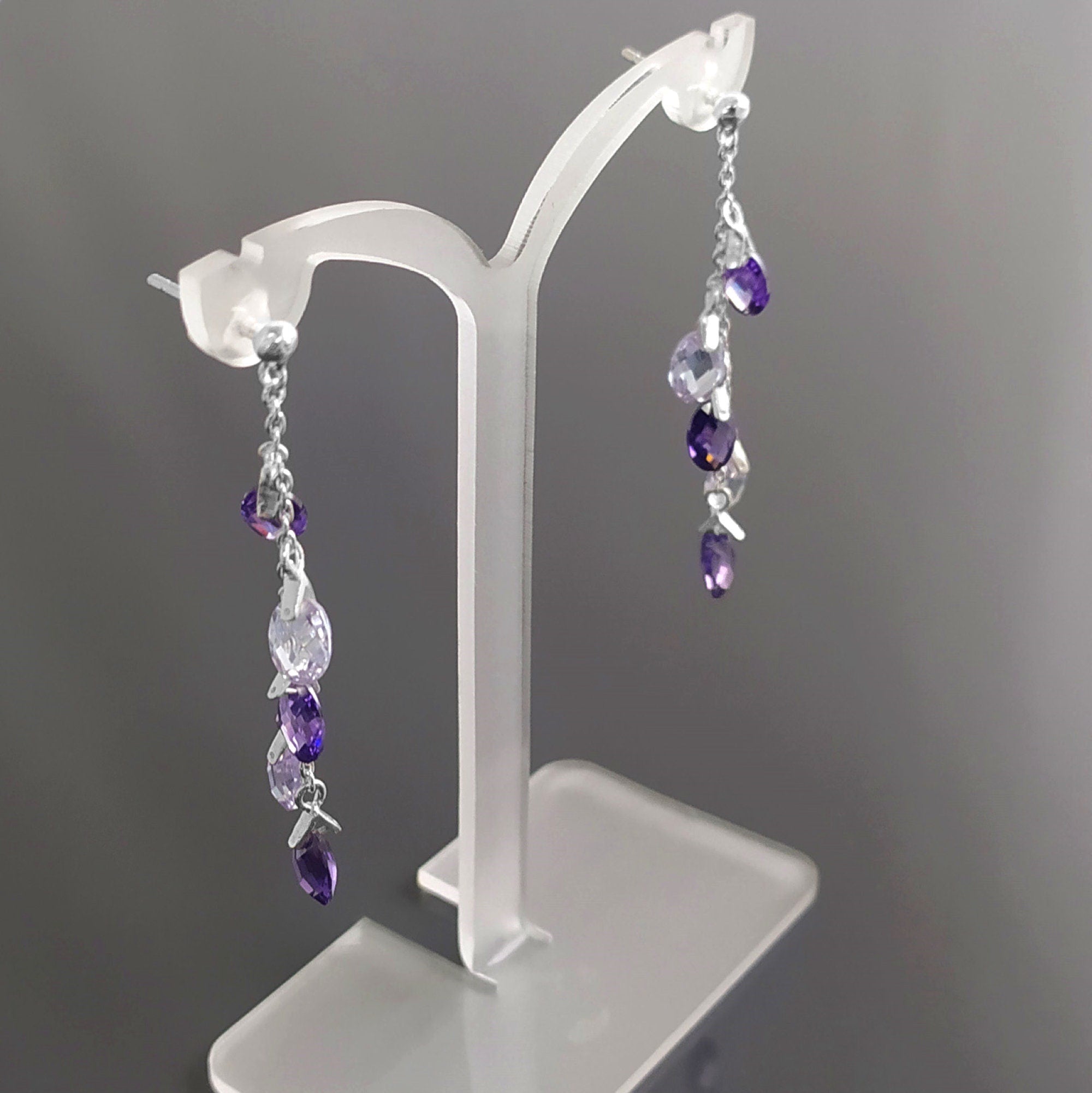 Purple earrings, sterling silver, teardrop purple crystal, berry grape stones bunch earrings, dark violet stone color, modern chain jewelry