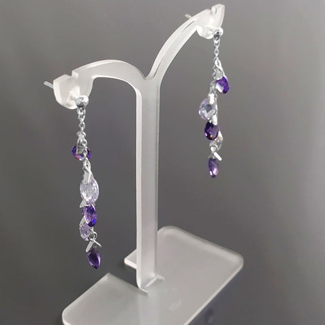 Purple earrings, sterling silver, teardrop purple crystal, berry grape stones bunch earrings, dark violet stone color, modern chain jewelry