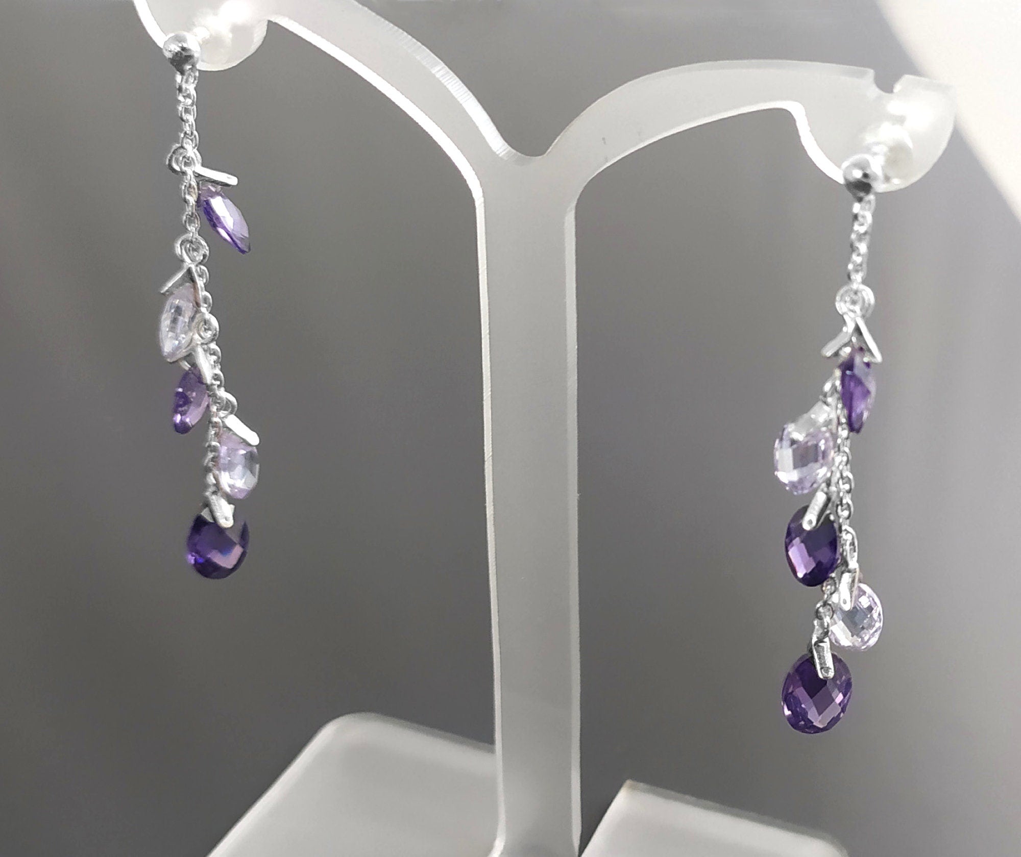 Purple earrings, sterling silver, teardrop purple crystal, berry grape stones bunch earrings, dark violet stone color, modern chain jewelry