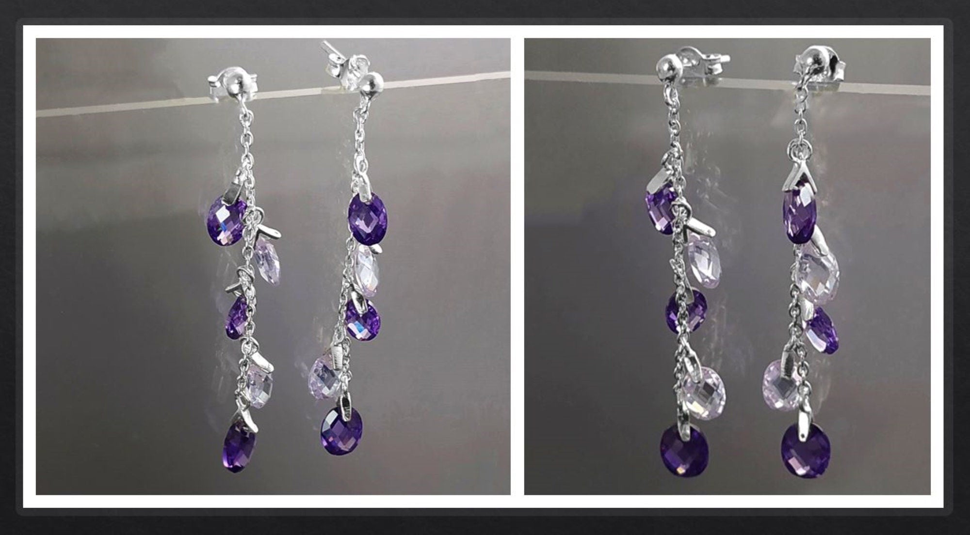 Purple earrings, sterling silver, teardrop purple crystal, berry grape stones bunch earrings, dark violet stone color, modern chain jewelry
