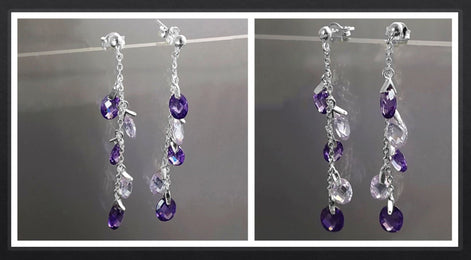 Purple earrings, sterling silver, teardrop purple crystal, berry grape stones bunch earrings, dark violet stone color, modern chain jewelry