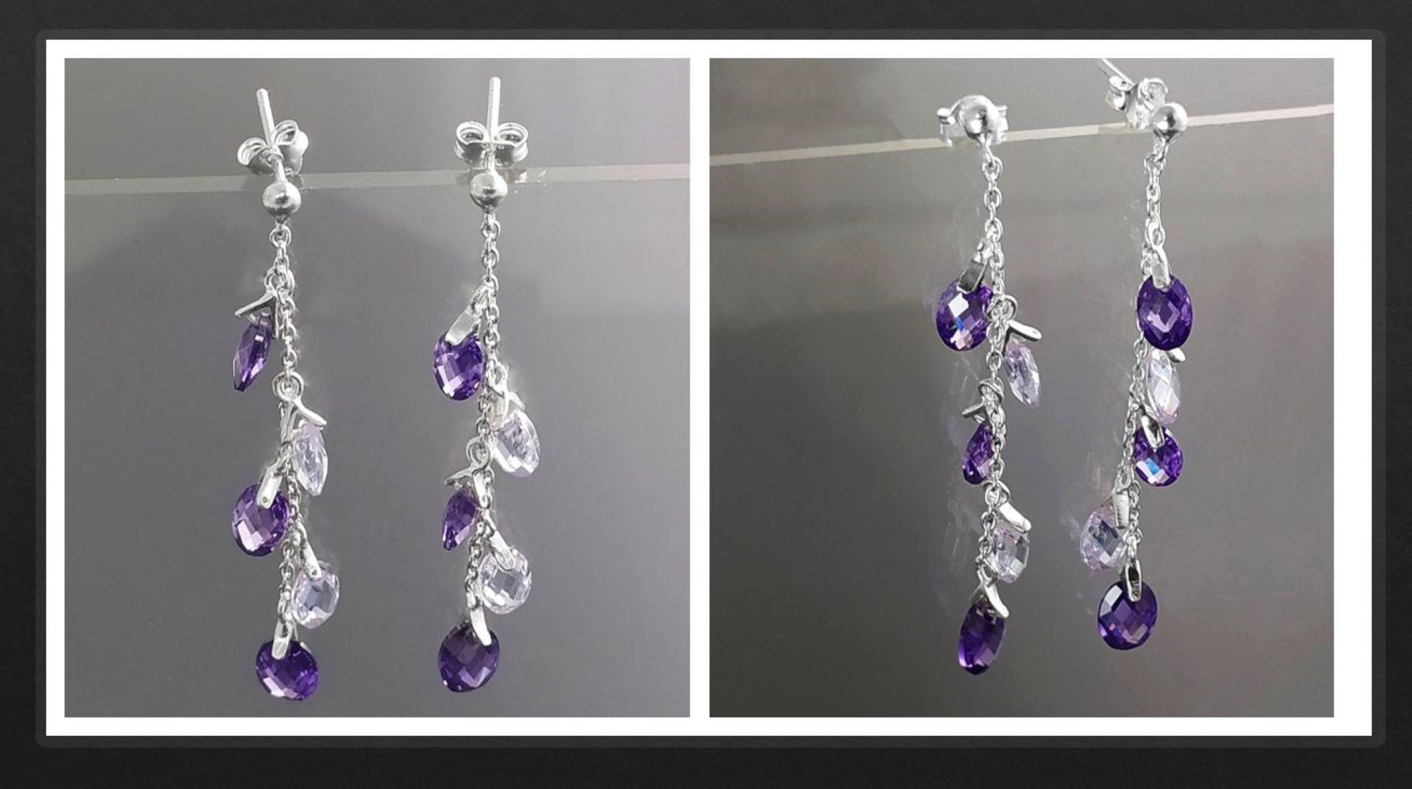 Purple earrings, sterling silver, teardrop purple crystal, berry grape stones bunch earrings, dark violet stone color, modern chain jewelry