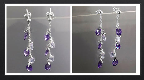 Purple earrings, sterling silver, teardrop purple crystal, berry grape stones bunch earrings, dark violet stone color, modern chain jewelry