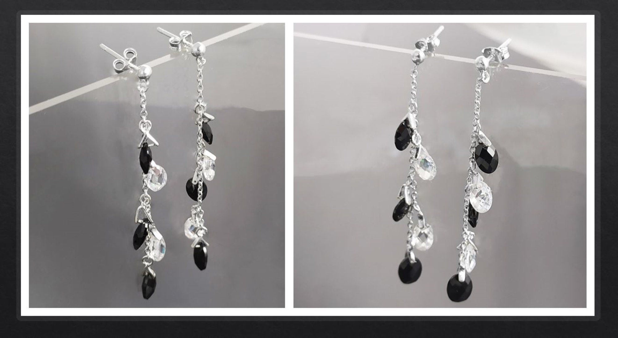 Black earrings, sterling silver, teardrop blackberry grape cz stones bunch earrings, dark blackberries crystal color, modern drop jewelry