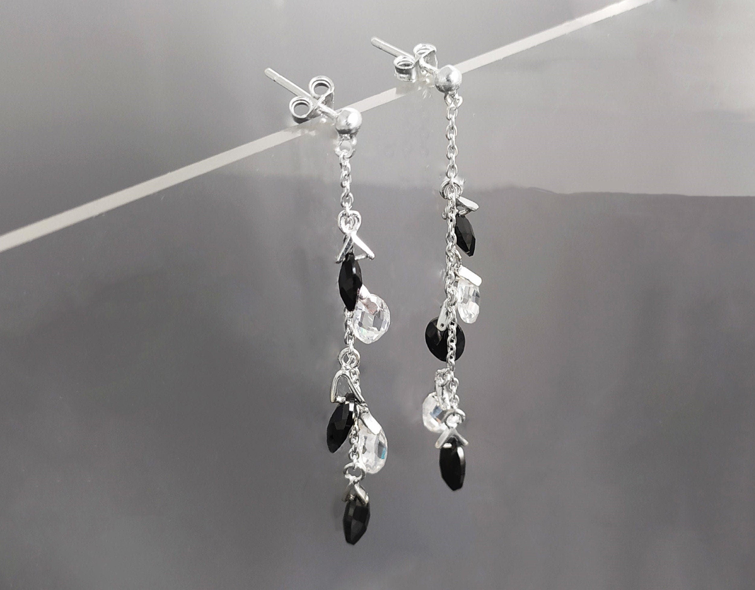 Black earrings, sterling silver, teardrop blackberry grape cz stones bunch earrings, dark blackberries crystal color, modern drop jewelry