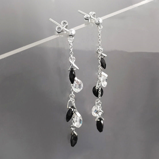 Black earrings, sterling silver, teardrop blackberry grape cz stones bunch earrings, dark blackberries crystal color, modern drop jewelry
